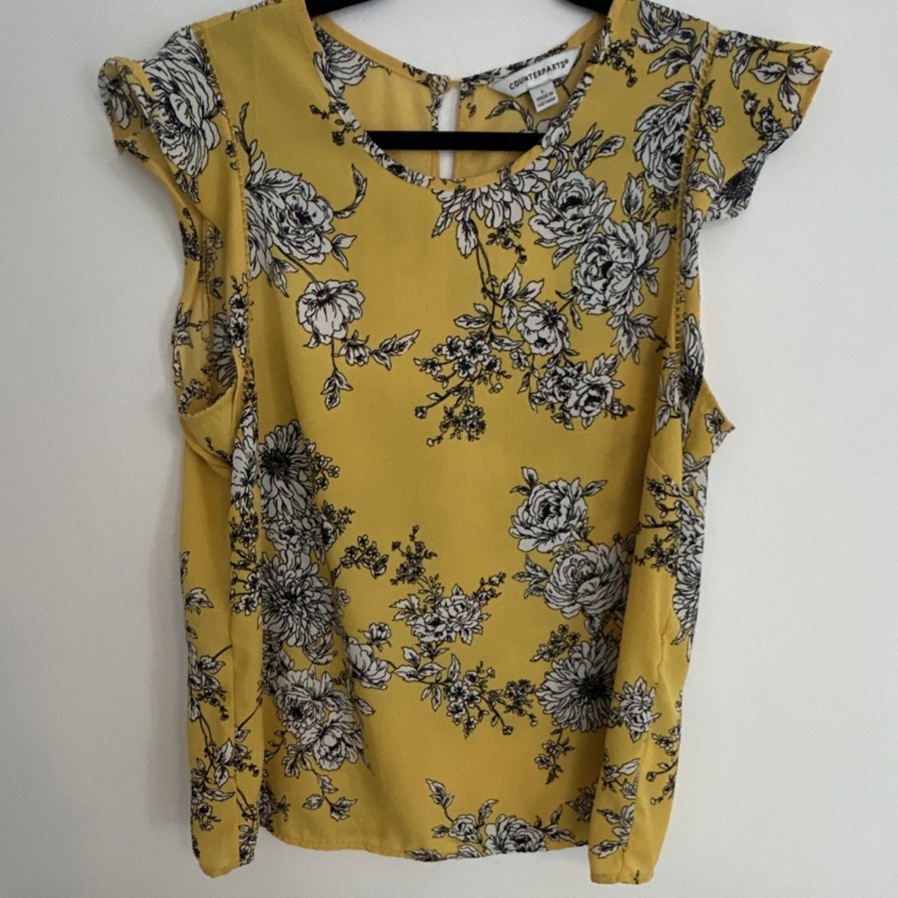 Counterparts Women's Yellow Floral Sleeveless Blouse L Button Chiffon Polyester